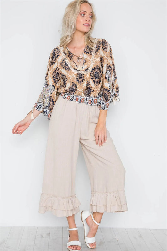 Taupe High-Waist Ruffle Hem Wide Leg Boho Pants /3-2-1 - Tasha Apparel Wholesale