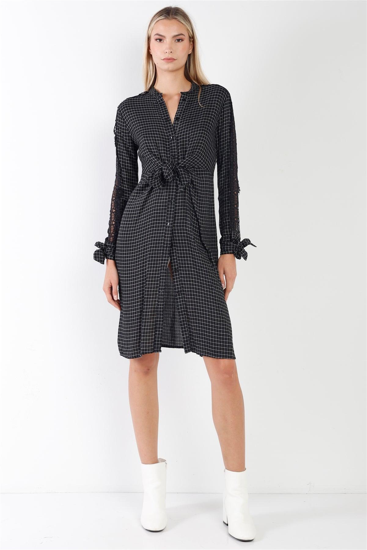 Black Plaid Print Wrap Tie Lace Trim Long Sleeve Midi Dress /3-2-1