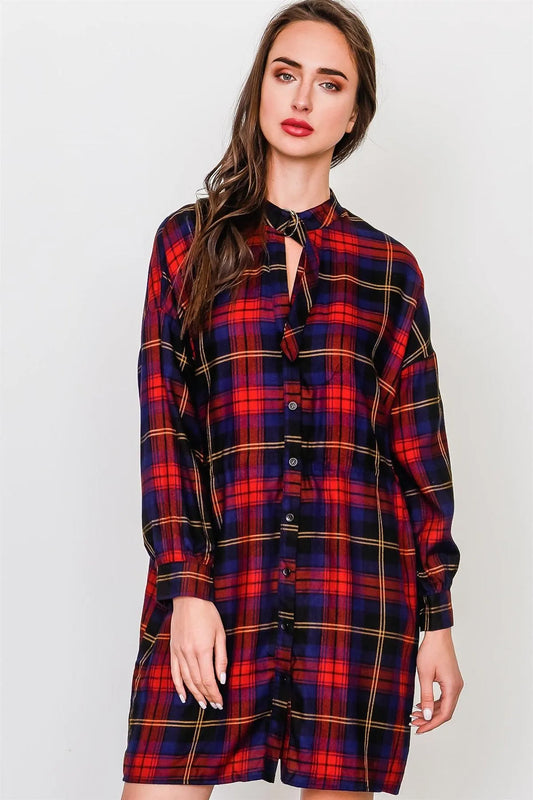 Navy And Brick Chocker Neck Plaid Dress /3-2-1 - Tasha Apparel Wholesale