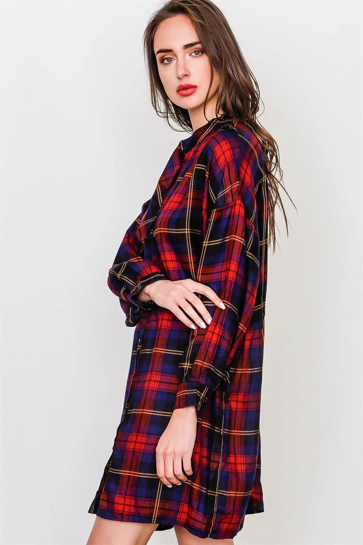 Navy And Brick Chocker Neck Plaid Dress /3-2-1 - Tasha Apparel Wholesale