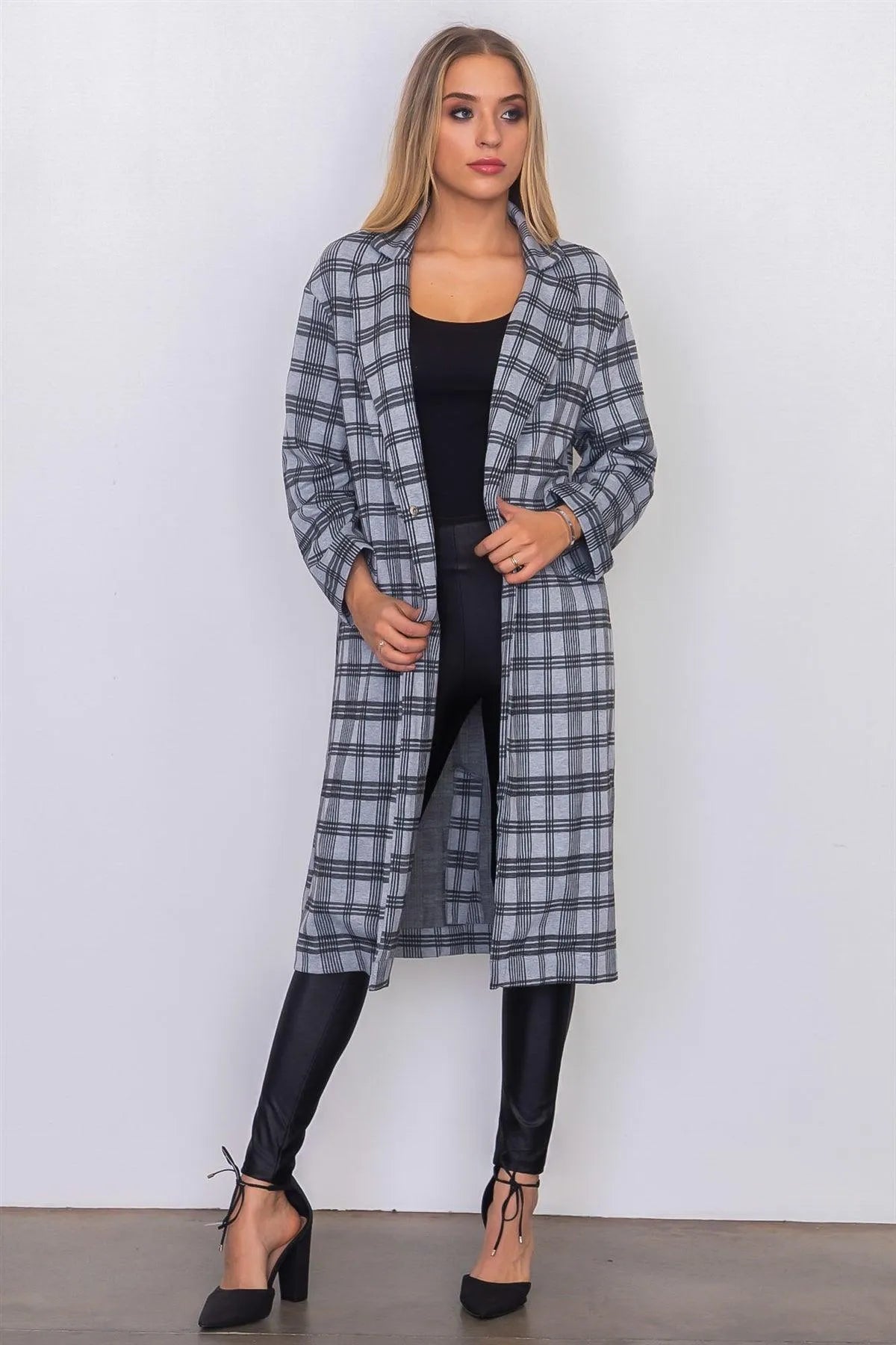 Grey Plaid Woven Tailored Long Jacket - Tasha Apparel Wholesale