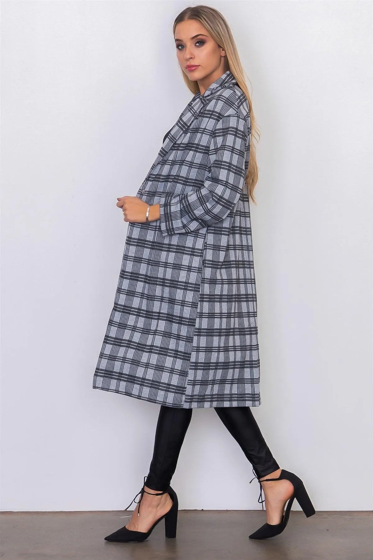Grey Plaid Woven Tailored Long Jacket - Tasha Apparel Wholesale