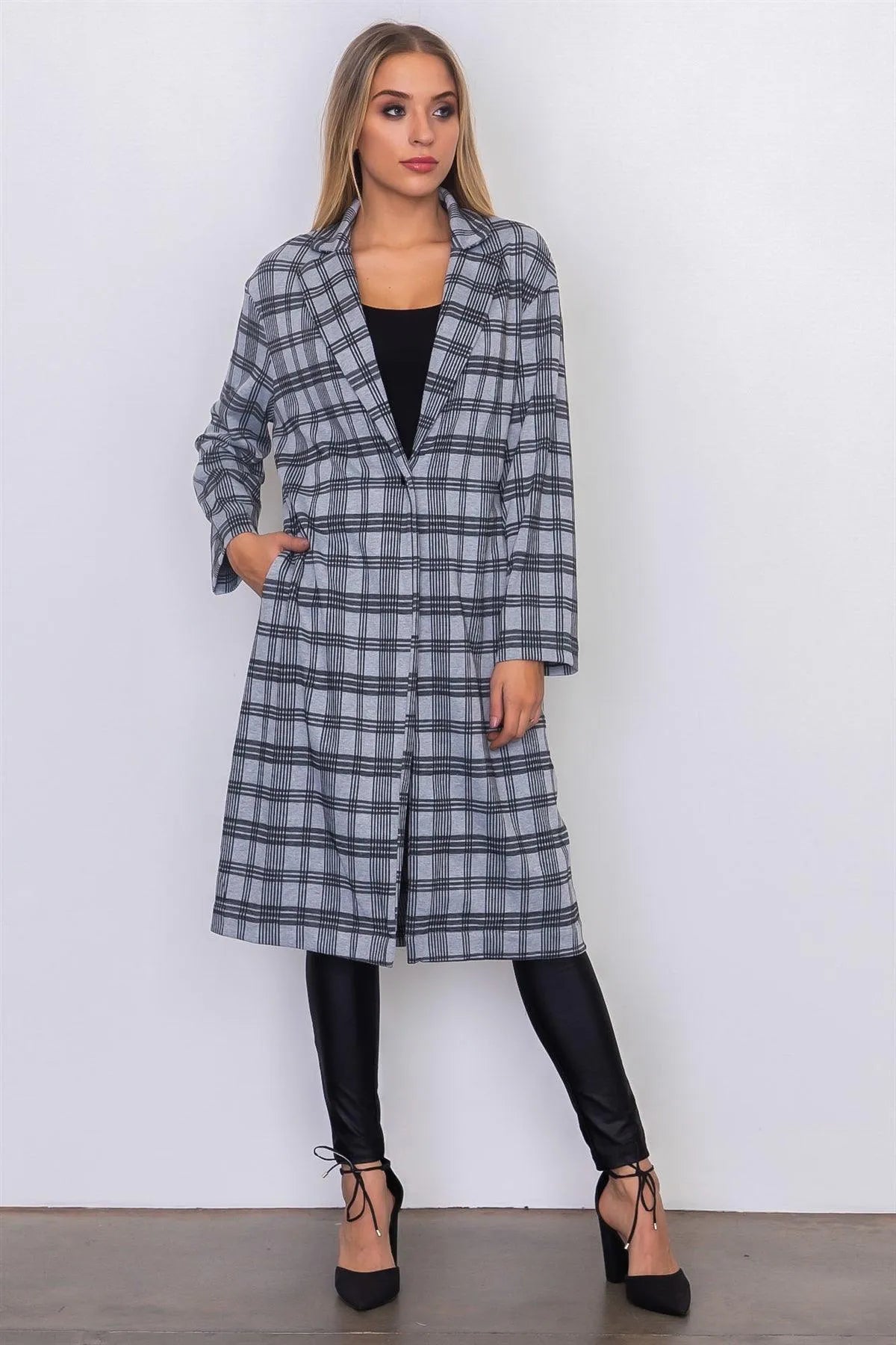 Grey Plaid Woven Tailored Long Jacket - Tasha Apparel Wholesale