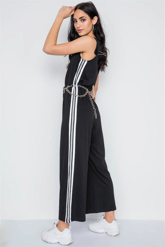Black Side Stripe Contrast Sleeveless Ankle Jumpsuit /3-2-1 - Tasha Apparel Wholesale