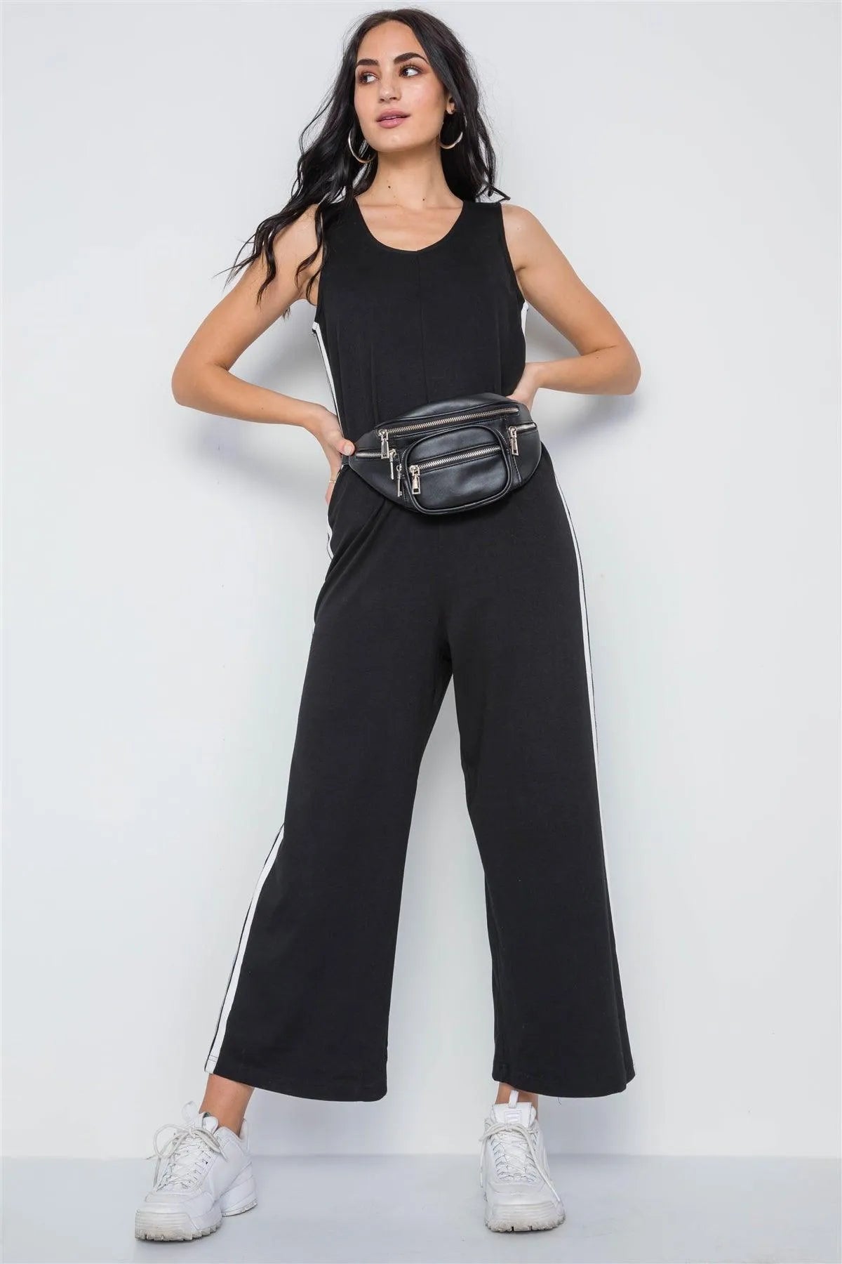 Black Side Stripe Contrast Sleeveless Ankle Jumpsuit /3-2-1 - Tasha Apparel Wholesale