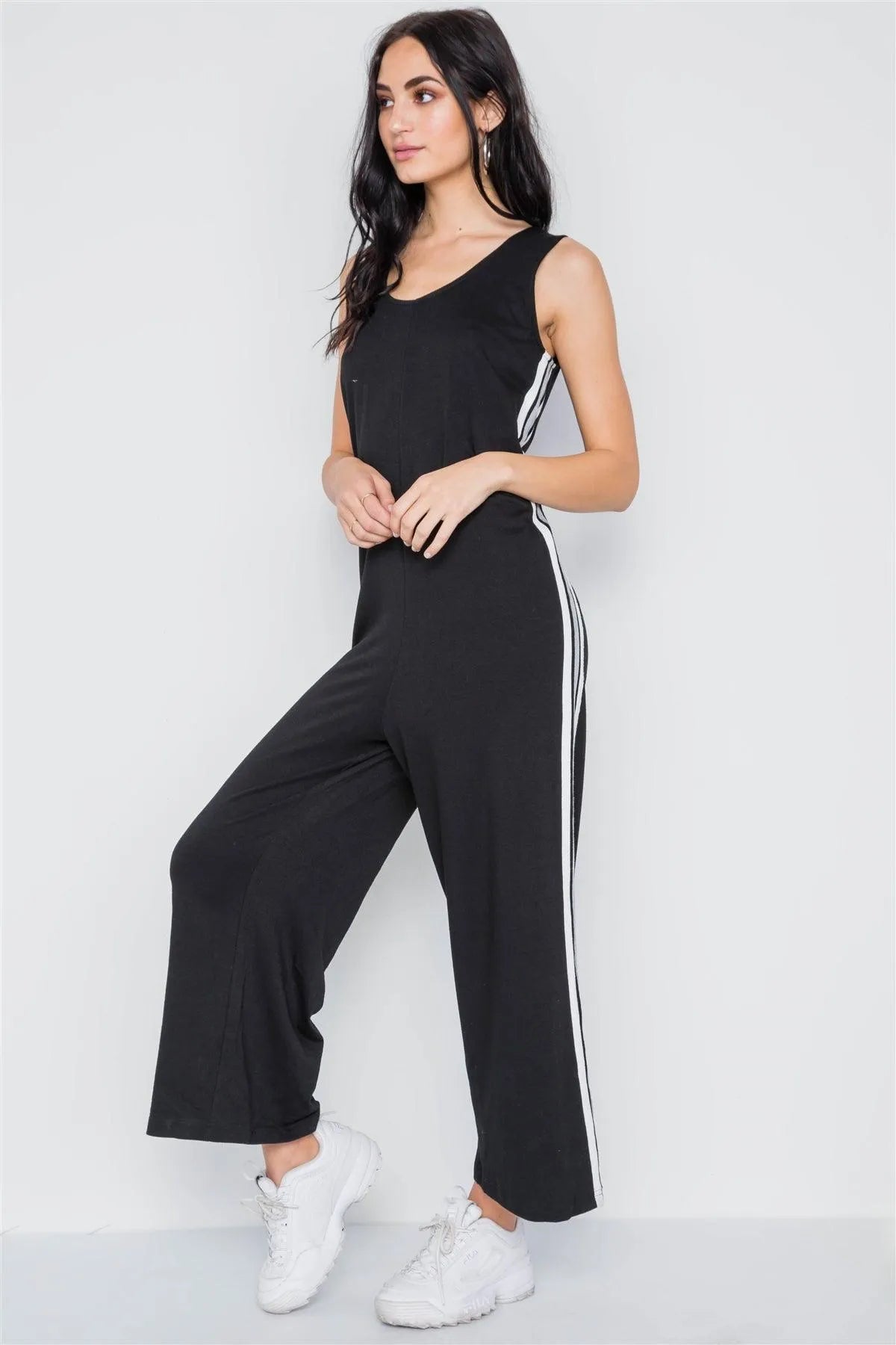 Black Side Stripe Contrast Sleeveless Ankle Jumpsuit /3-2-1 - Tasha Apparel Wholesale