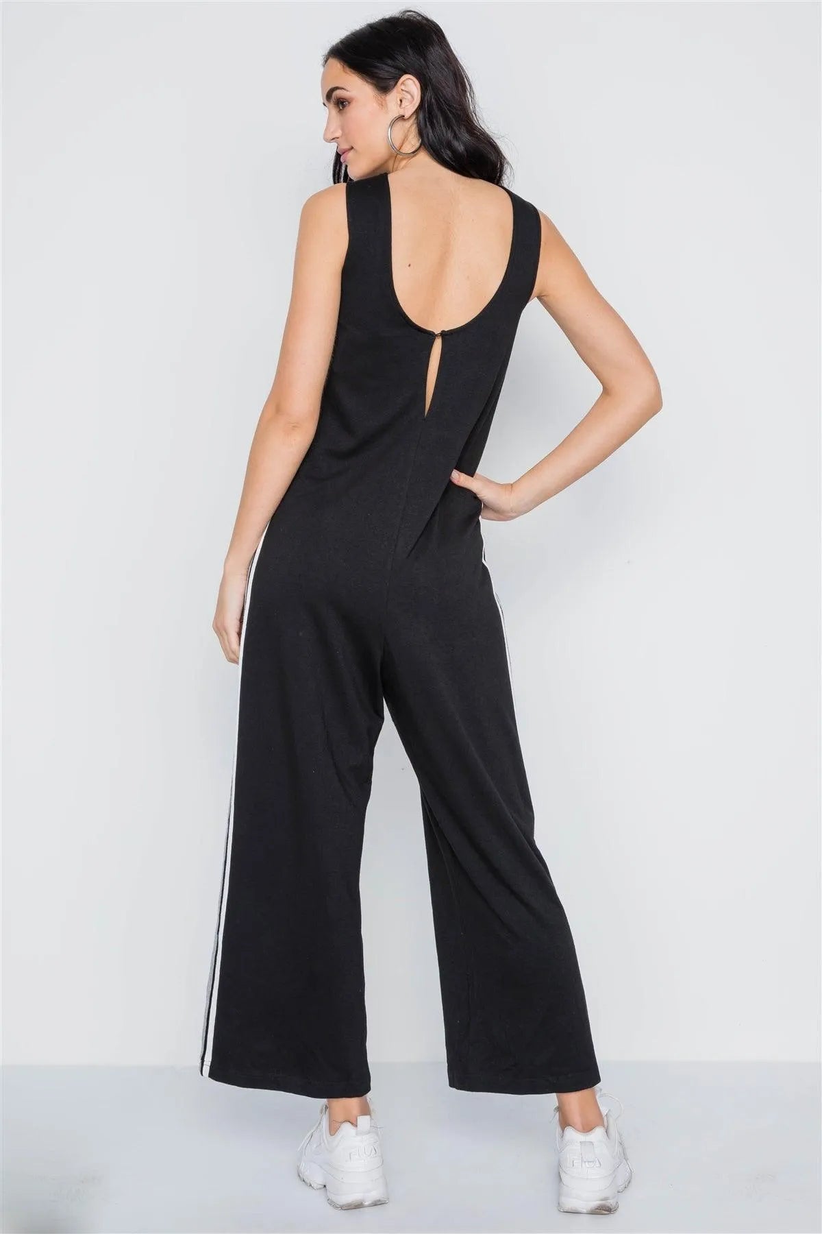 Black Side Stripe Contrast Sleeveless Ankle Jumpsuit /3-2-1 - Tasha Apparel Wholesale