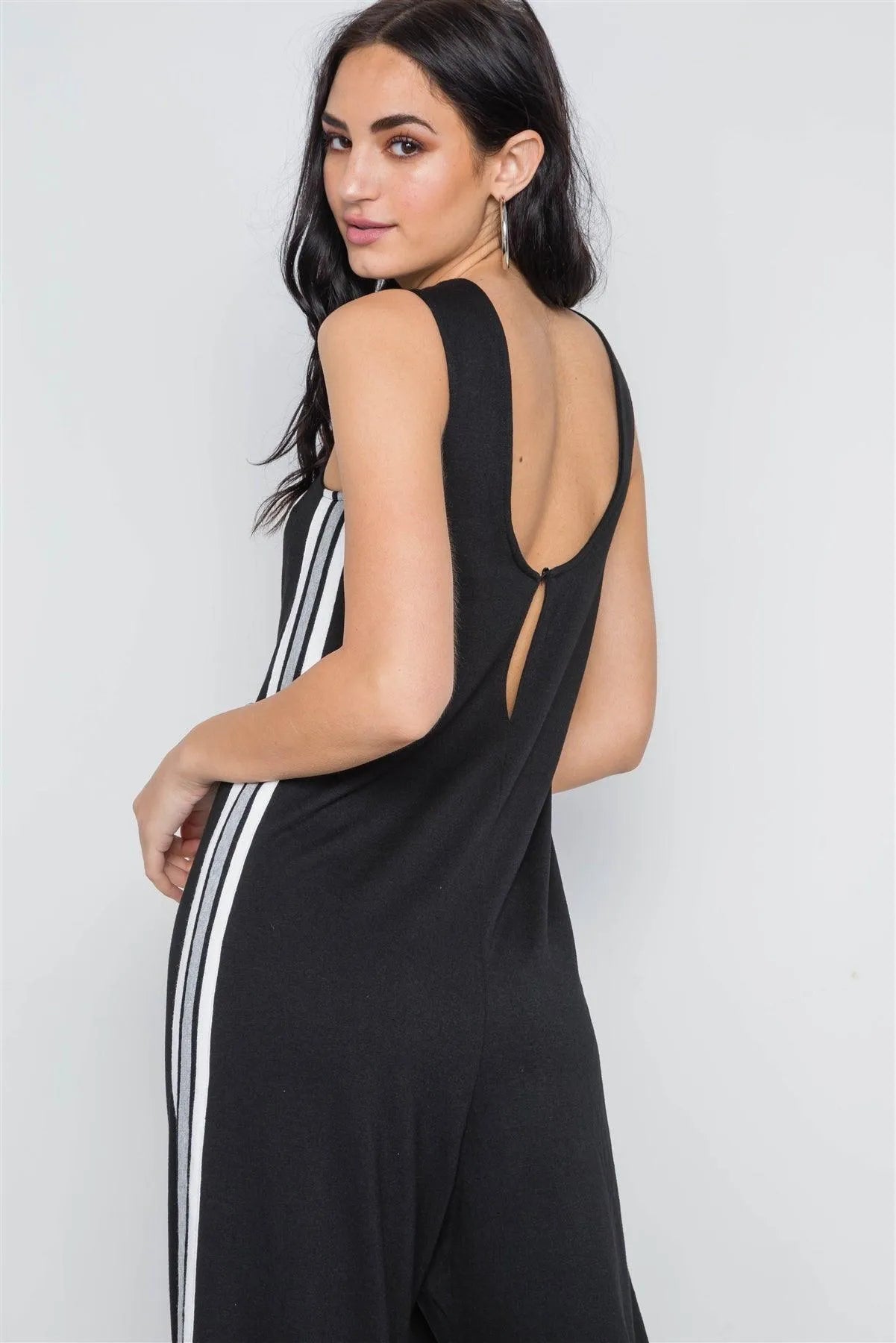 Black Side Stripe Contrast Sleeveless Ankle Jumpsuit /3-2-1 - Tasha Apparel Wholesale
