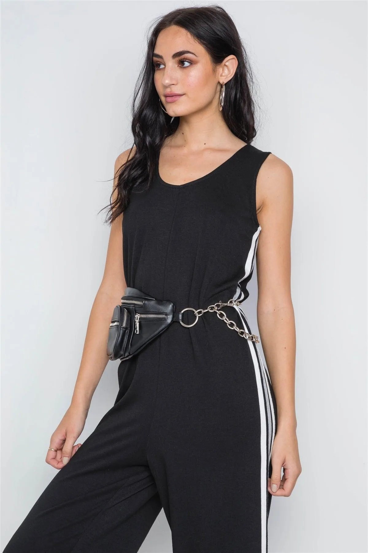 Black Side Stripe Contrast Sleeveless Ankle Jumpsuit /3-2-1 - Tasha Apparel Wholesale
