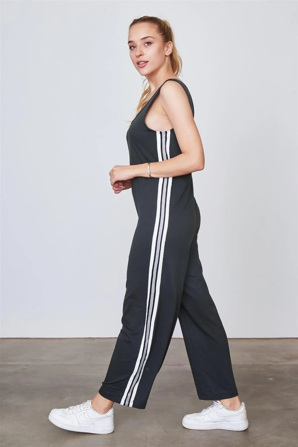Green Side Stripe Contrast Sleeveless Jumpsuit /3-2-1 - Tasha Apparel Wholesale