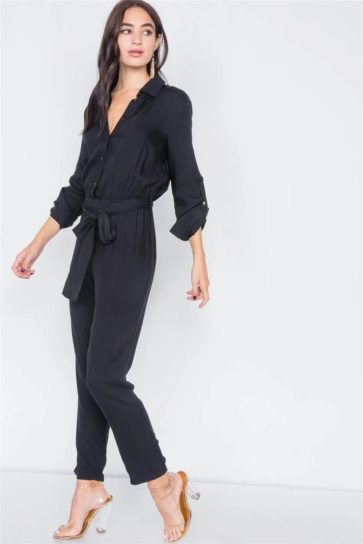 Black Button-Front Straight Leg Jumpsuit /3-2-1 - Tasha Apparel Wholesale