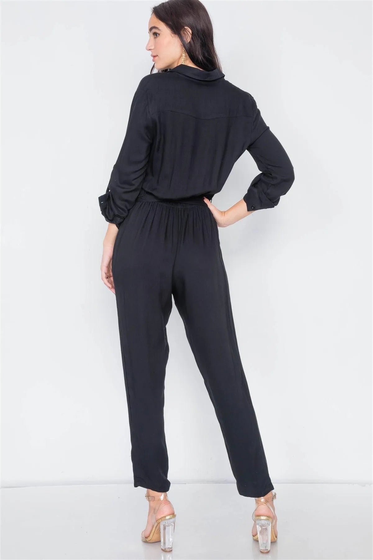 Black Button-Front Straight Leg Jumpsuit /3-2-1 - Tasha Apparel Wholesale