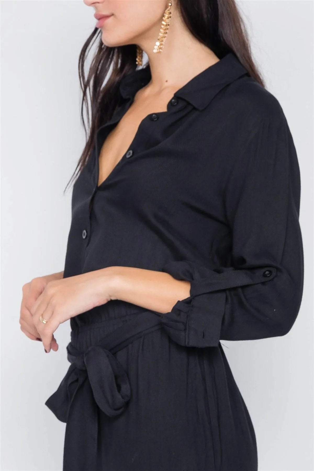 Black Button-Front Straight Leg Jumpsuit /3-2-1 - Tasha Apparel Wholesale