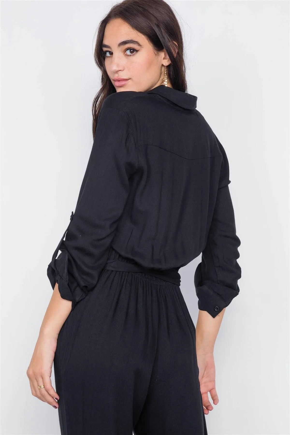 Black Button-Front Straight Leg Jumpsuit /3-2-1 - Tasha Apparel Wholesale