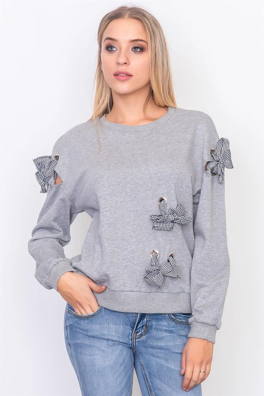 Grey Random Ribboned Detail Sweater /3-2-1 - Tasha Apparel Wholesale