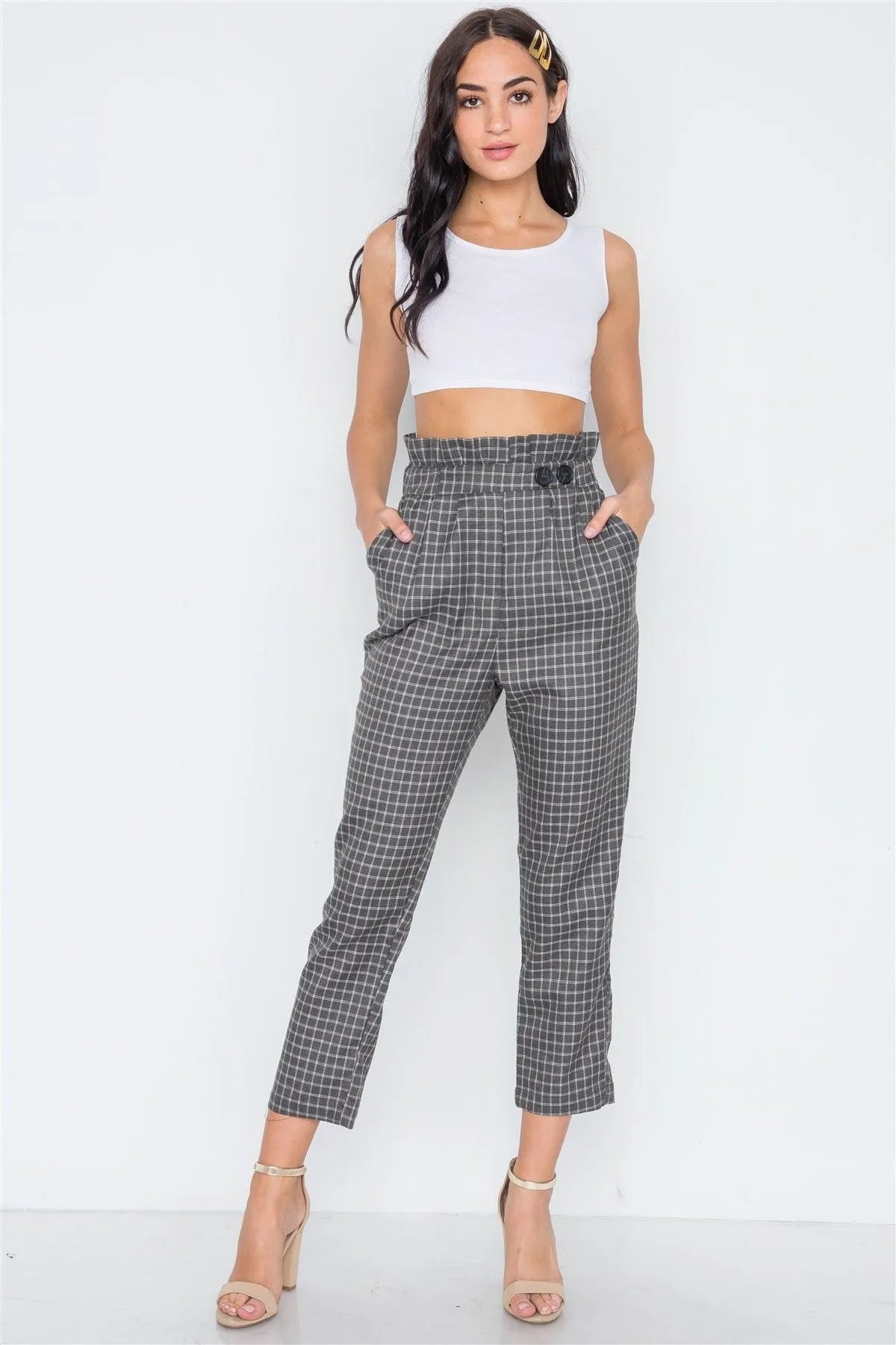 Grey And White Plaid Paper Bag Pants /3-2-1 - Tasha Apparel Wholesale