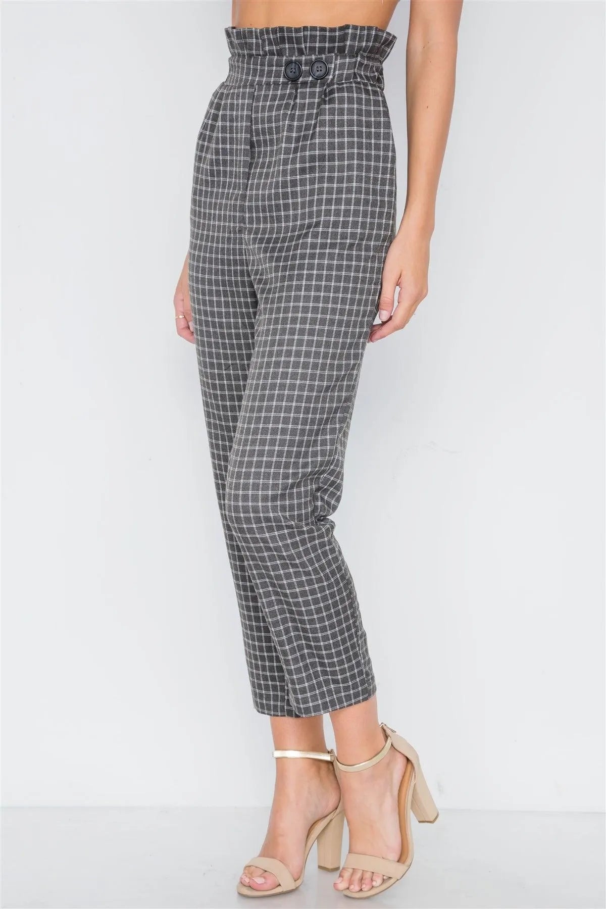 Grey And White Plaid Paper Bag Pants /3-2-1 - Tasha Apparel Wholesale