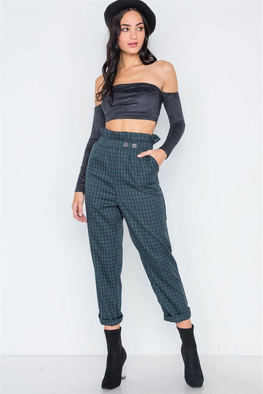 Indigo Green Plaid Paper Bag Pants /2-2-1 - Tasha Apparel Wholesale