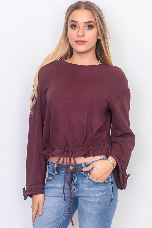 Maroon Drawstring Hem Jersey Top /3-2-1 - Tasha Apparel Wholesale
