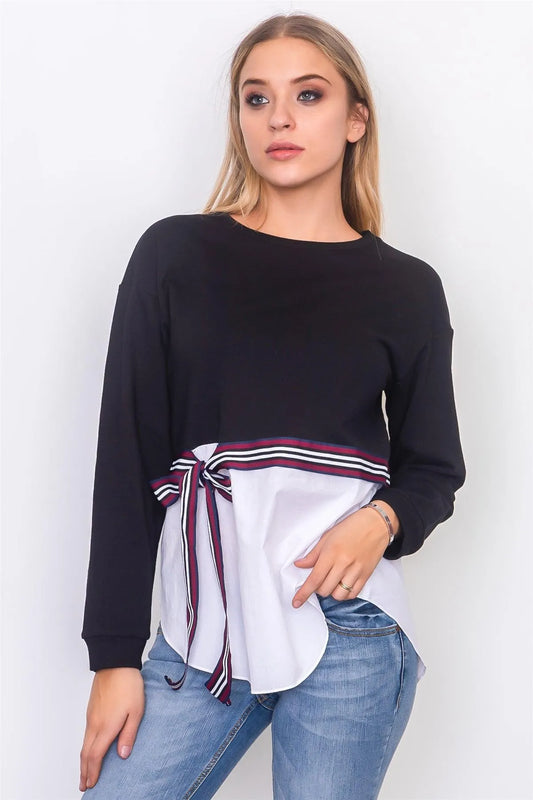 Black Waist Tie French Terry Top /3-2-1 - Tasha Apparel Wholesale