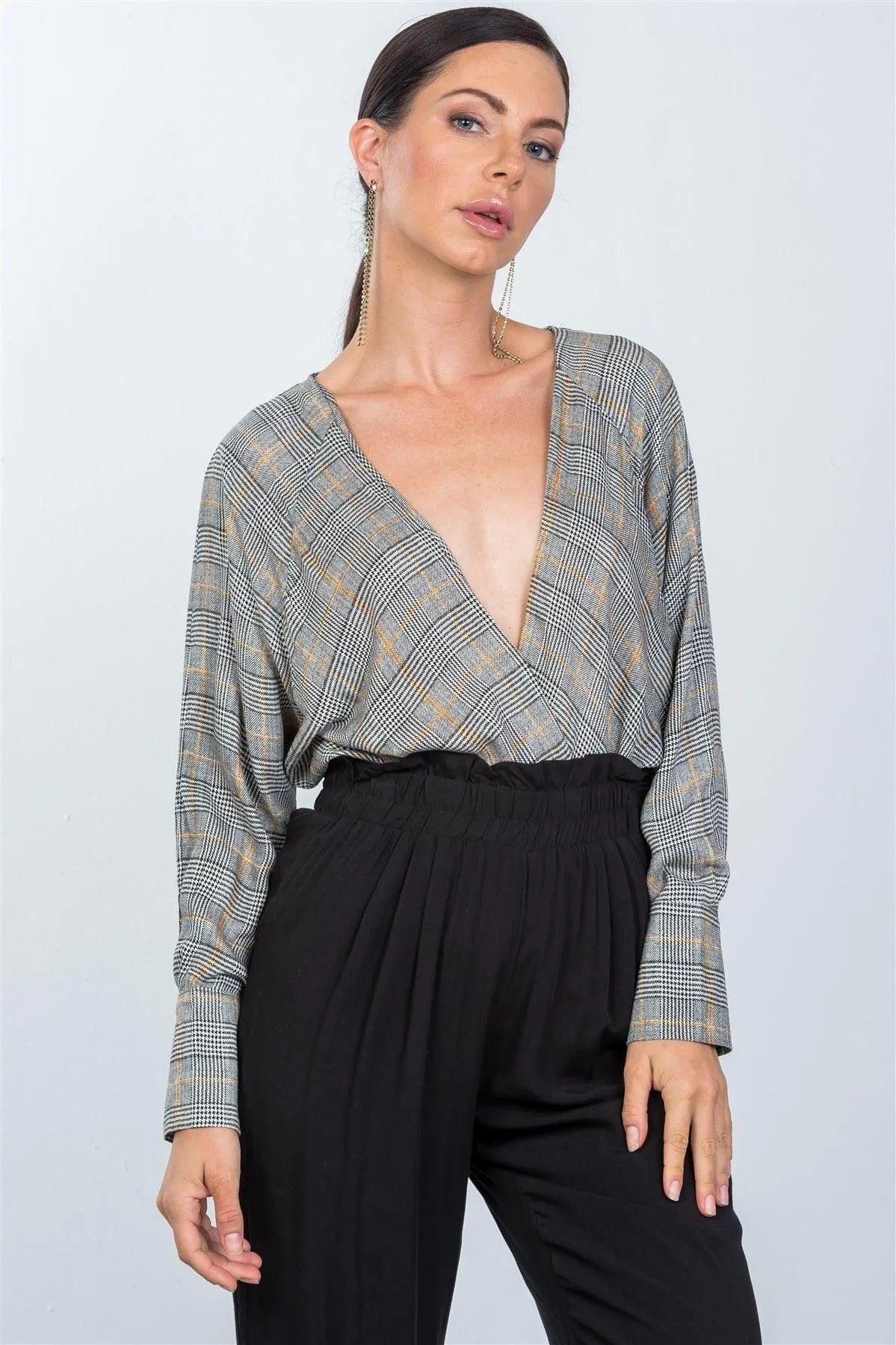 Black Plaid Print Deep Plunging "V" Neckline Bodysuit /3-2-1 - Tasha Apparel Wholesale