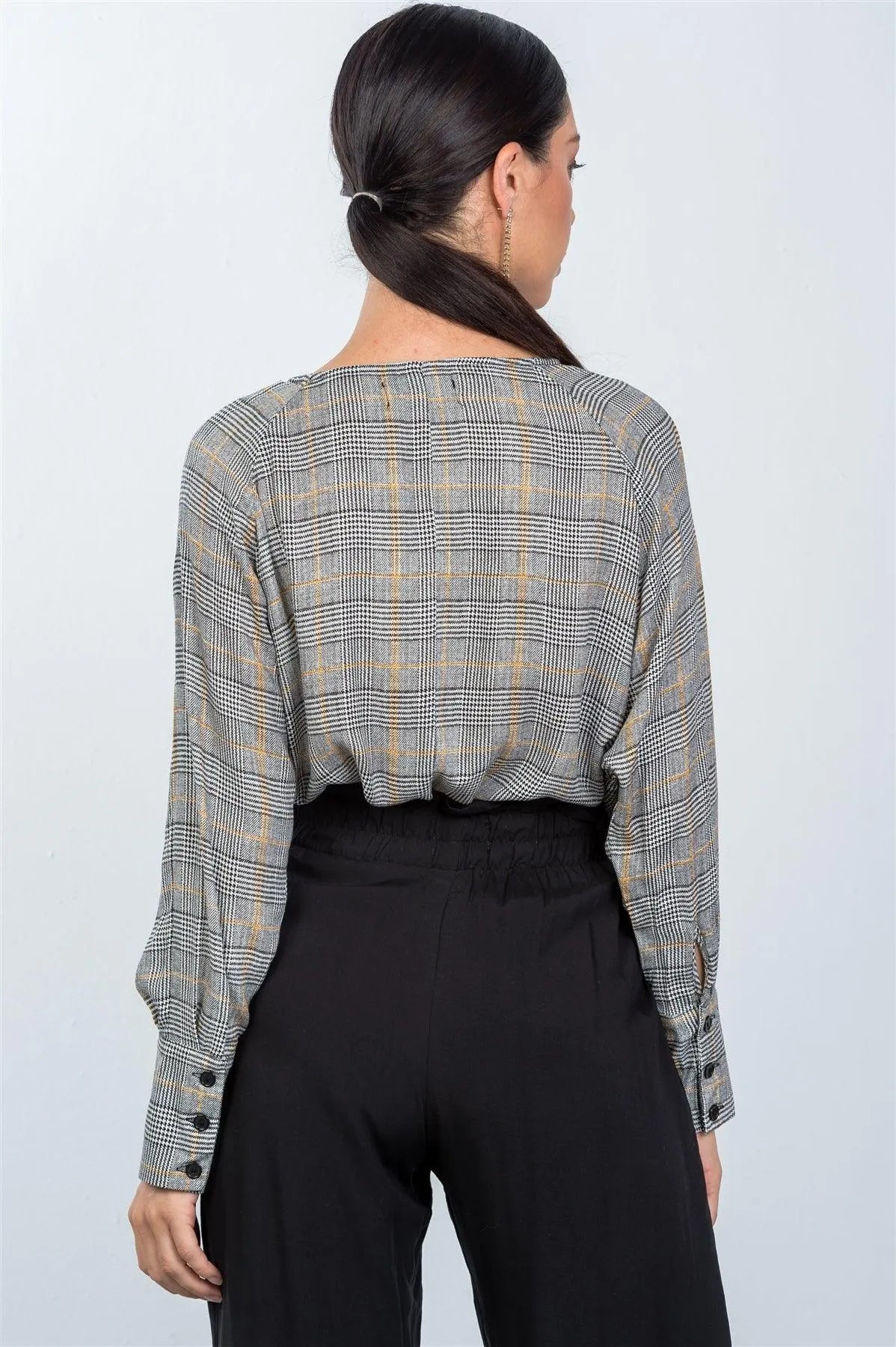 Black Plaid Print Deep Plunging "V" Neckline Bodysuit /3-2-1 - Tasha Apparel Wholesale