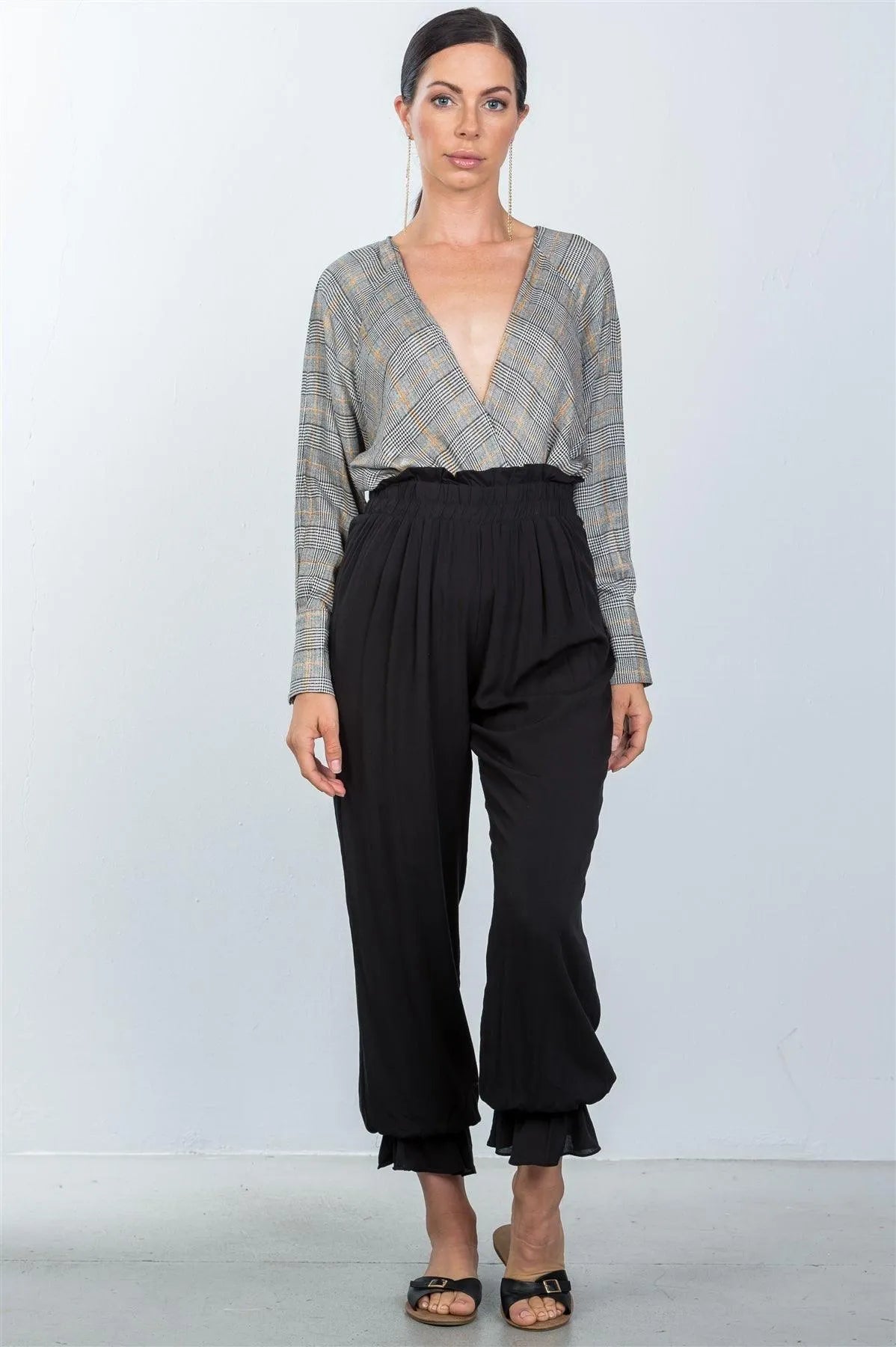 Black Plaid Print Deep Plunging "V" Neckline Bodysuit /3-2-1 - Tasha Apparel Wholesale
