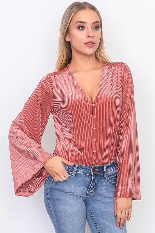 Amber Velvet Button Down Bell Sleeve Bodysuit /3-2-1 - Tasha Apparel Wholesale