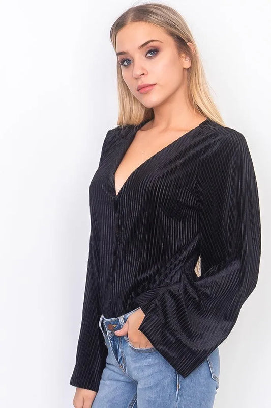 Black Velvet Button Down Bell Sleeve Bodysuit /3-2-1 - Tasha Apparel Wholesale