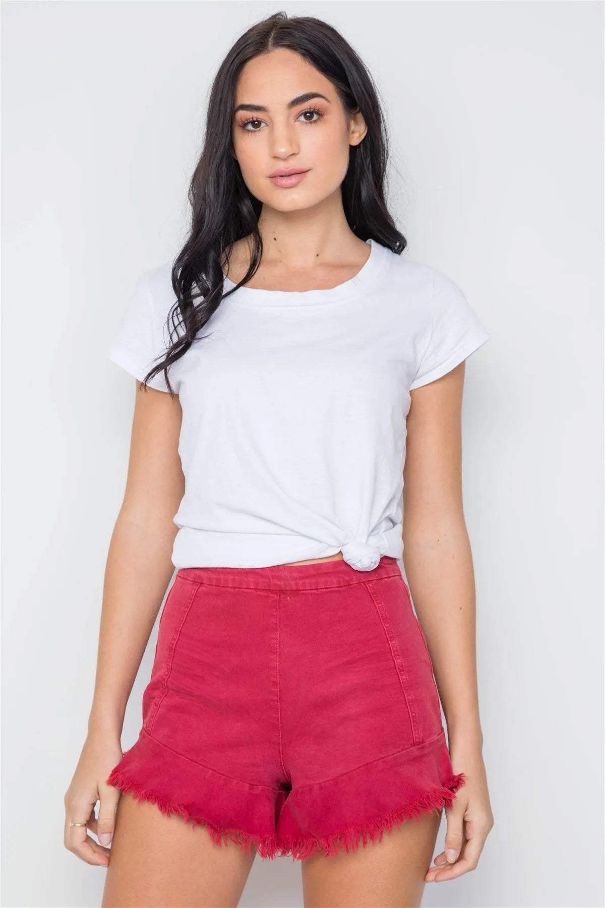 Red High-Waist Frayed Hem Denim Shorts /3-2-1 - Tasha Apparel Wholesale