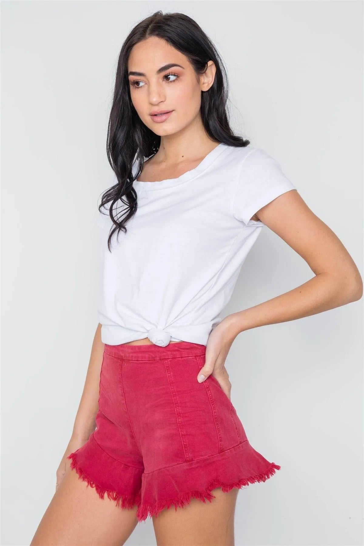 Red High-Waist Frayed Hem Denim Shorts /3-2-1 - Tasha Apparel Wholesale