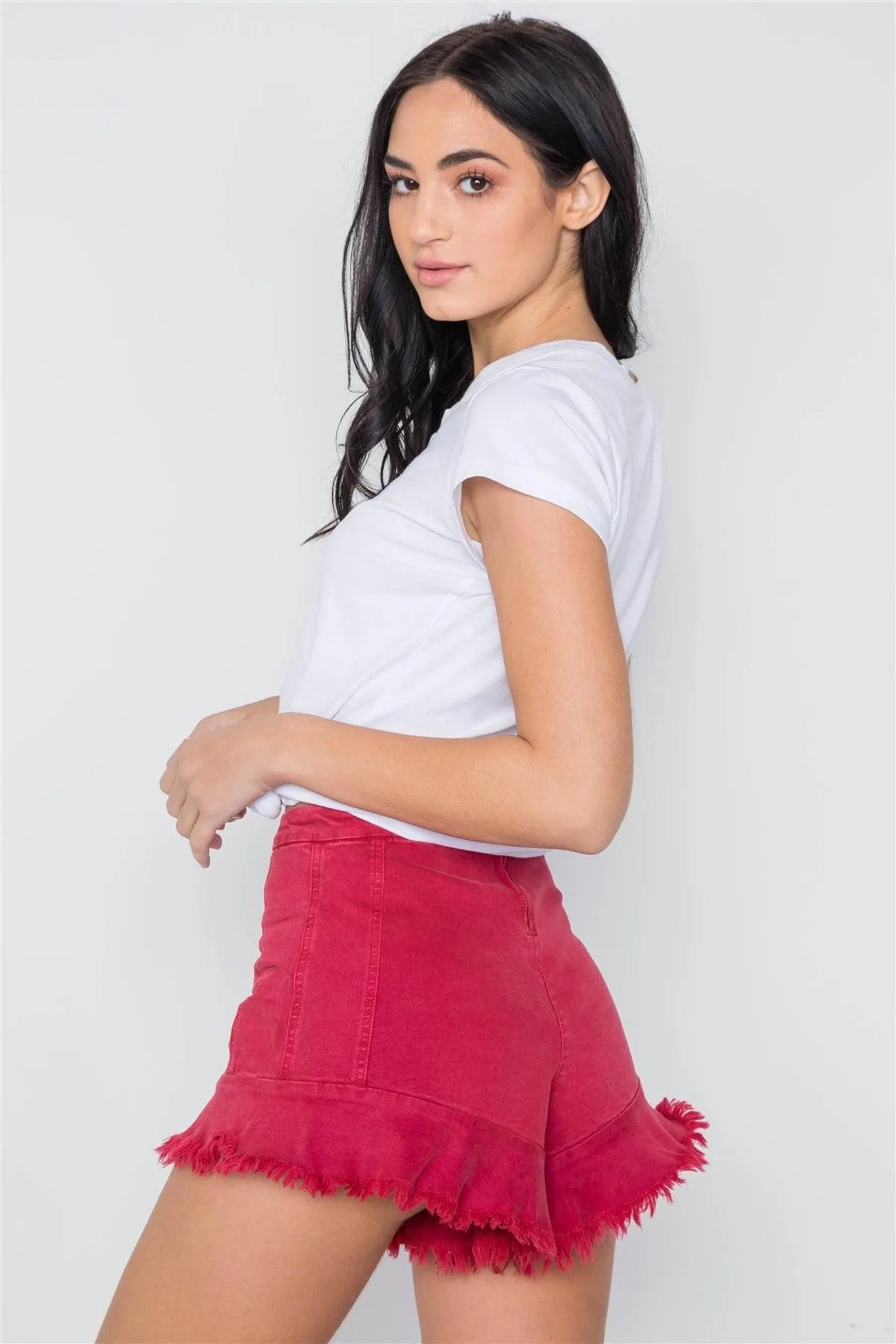 Red High-Waist Frayed Hem Denim Shorts /3-2-1 - Tasha Apparel Wholesale