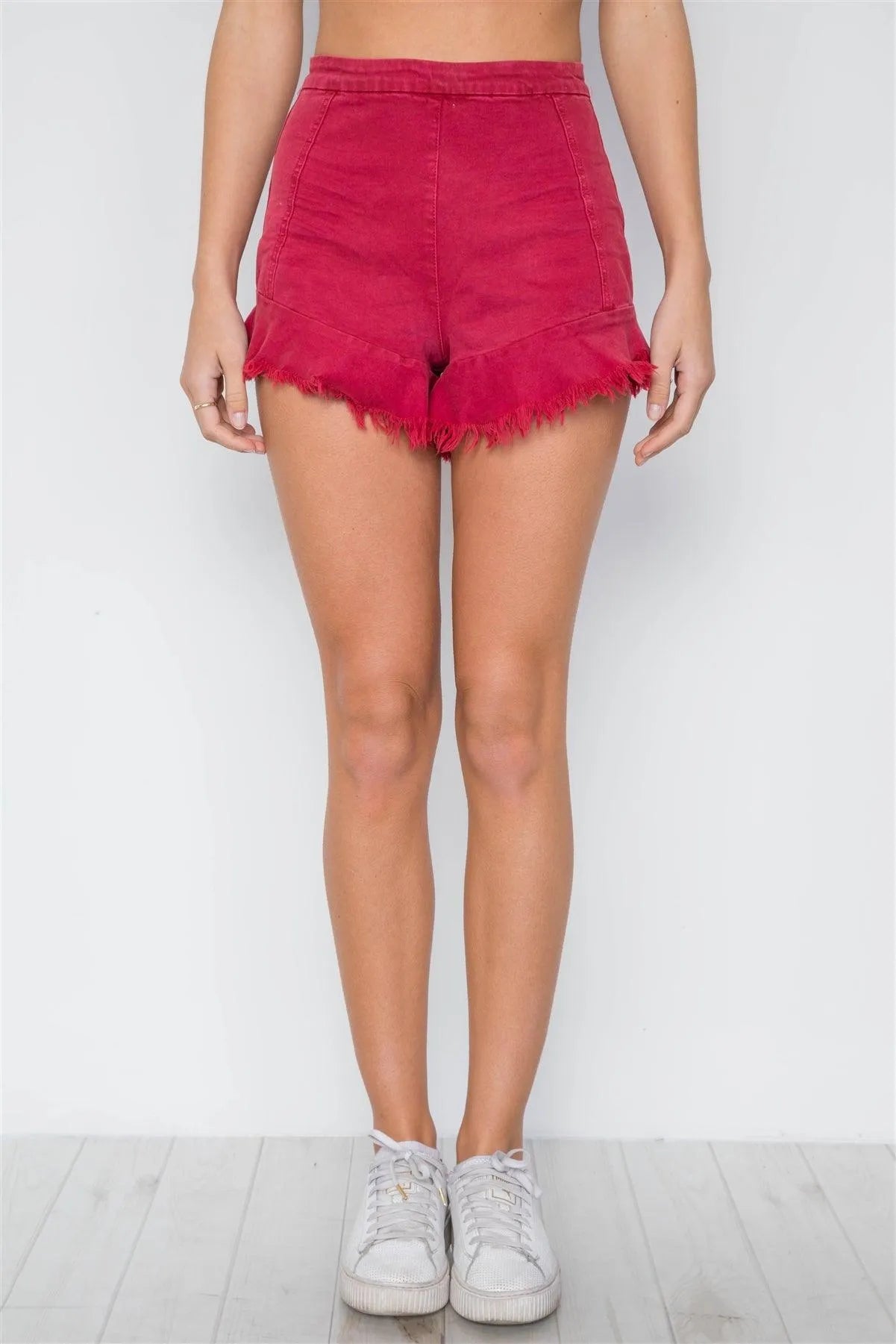 Red High-Waist Frayed Hem Denim Shorts /3-2-1 - Tasha Apparel Wholesale