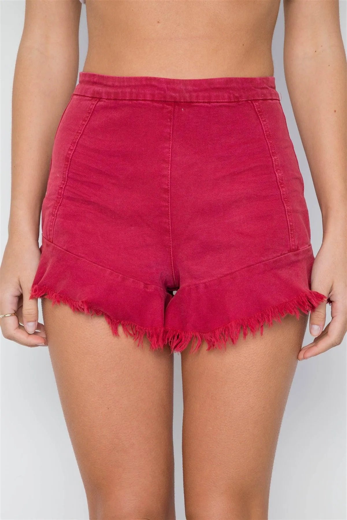 Red High-Waist Frayed Hem Denim Shorts /3-2-1 - Tasha Apparel Wholesale