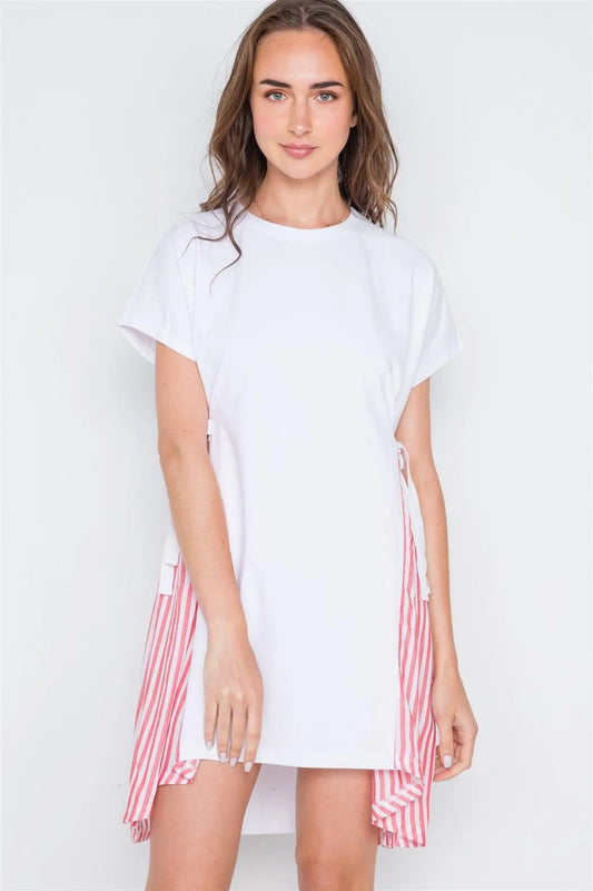 White Red Contrast Sides Stripe Short Sleeve Shirt Dress /3-2-1 - Tasha Apparel Wholesale