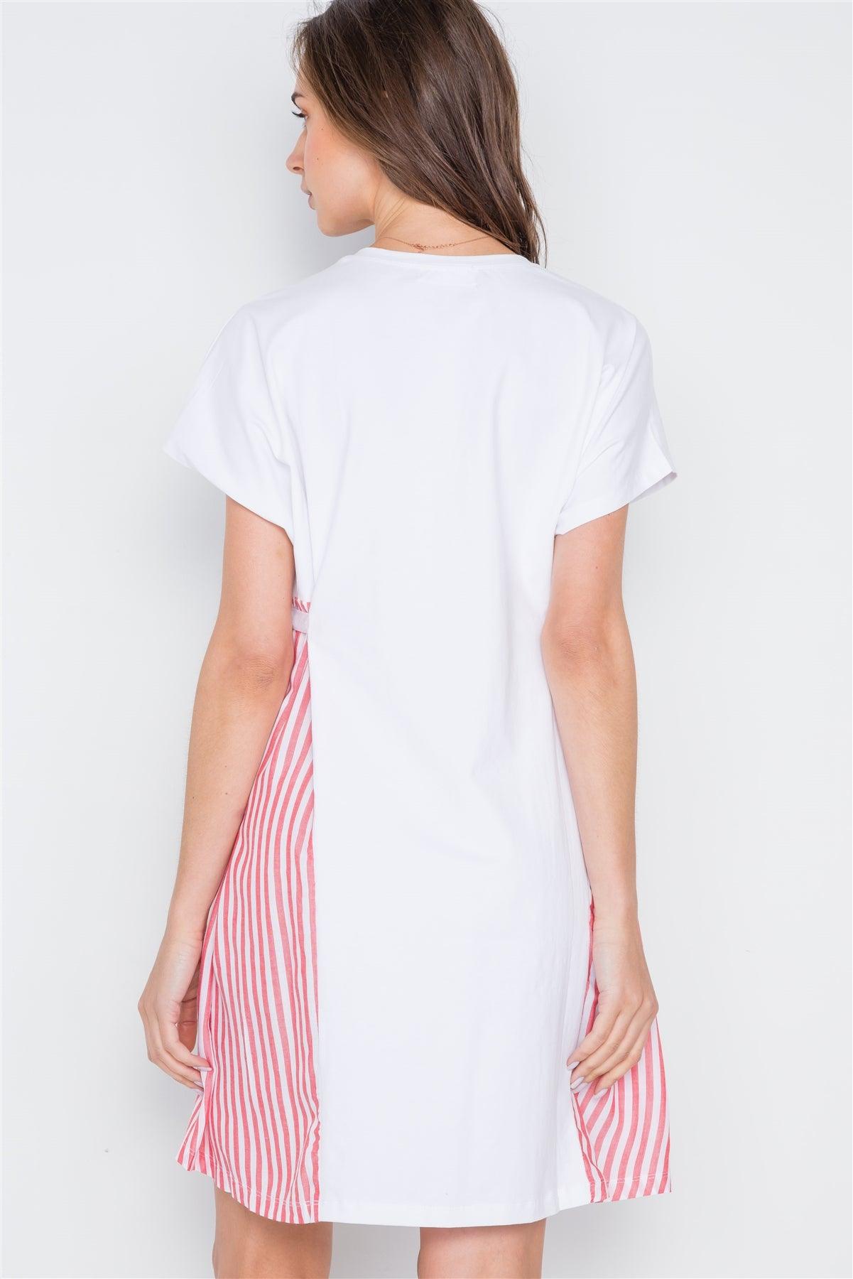 White Red Contrast Sides Stripe Short Sleeve Shirt Dress /3-2-1