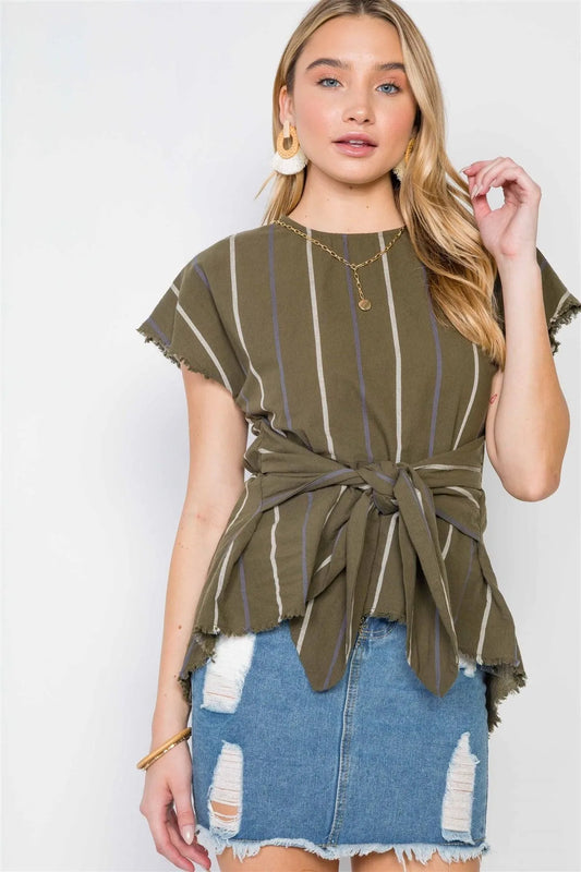 Olive Stripe Front-Tie High-Low Boho Top /2-2-2 - Tasha Apparel Wholesale