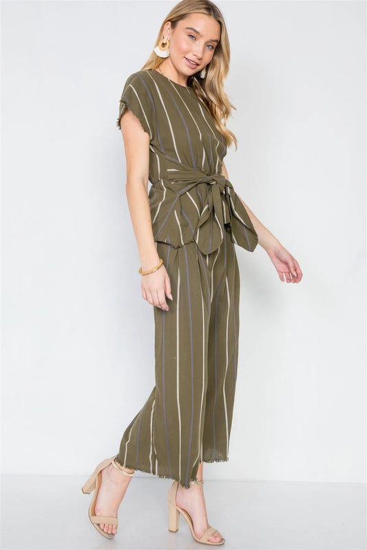 Olive Stripe Two Piece Top Wide Leg Pant Set /3-1-1 - Tasha Apparel Wholesale
