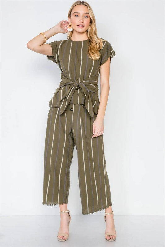 Olive Stripe Two Piece Top Wide Leg Pant Set /3-2-1 - Tasha Apparel Wholesale