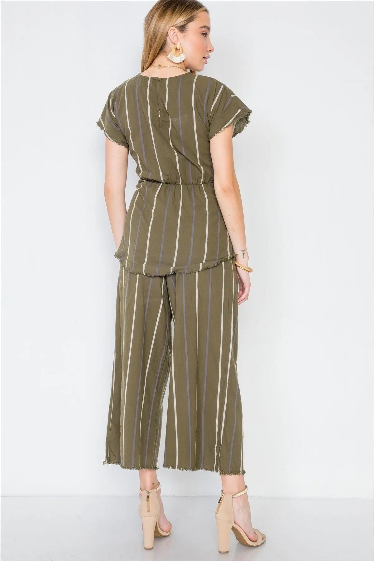 Olive Stripe Two Piece Top Wide Leg Pant Set /3-2-1 - Tasha Apparel Wholesale