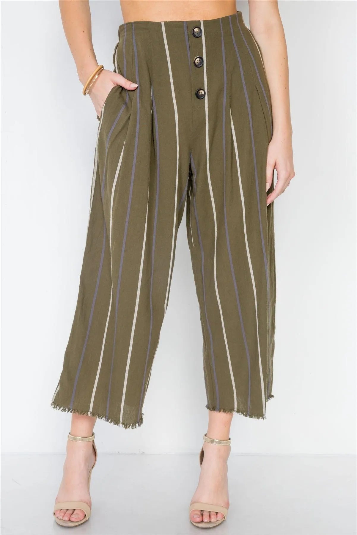 Olive Stripe Two Piece Top Wide Leg Pant Set /3-2-1 - Tasha Apparel Wholesale