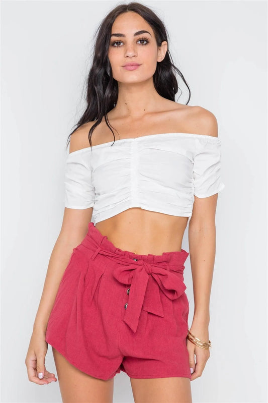 Berry Red Belted Paperbag Shorts /3-2-1 - Tasha Apparel Wholesale