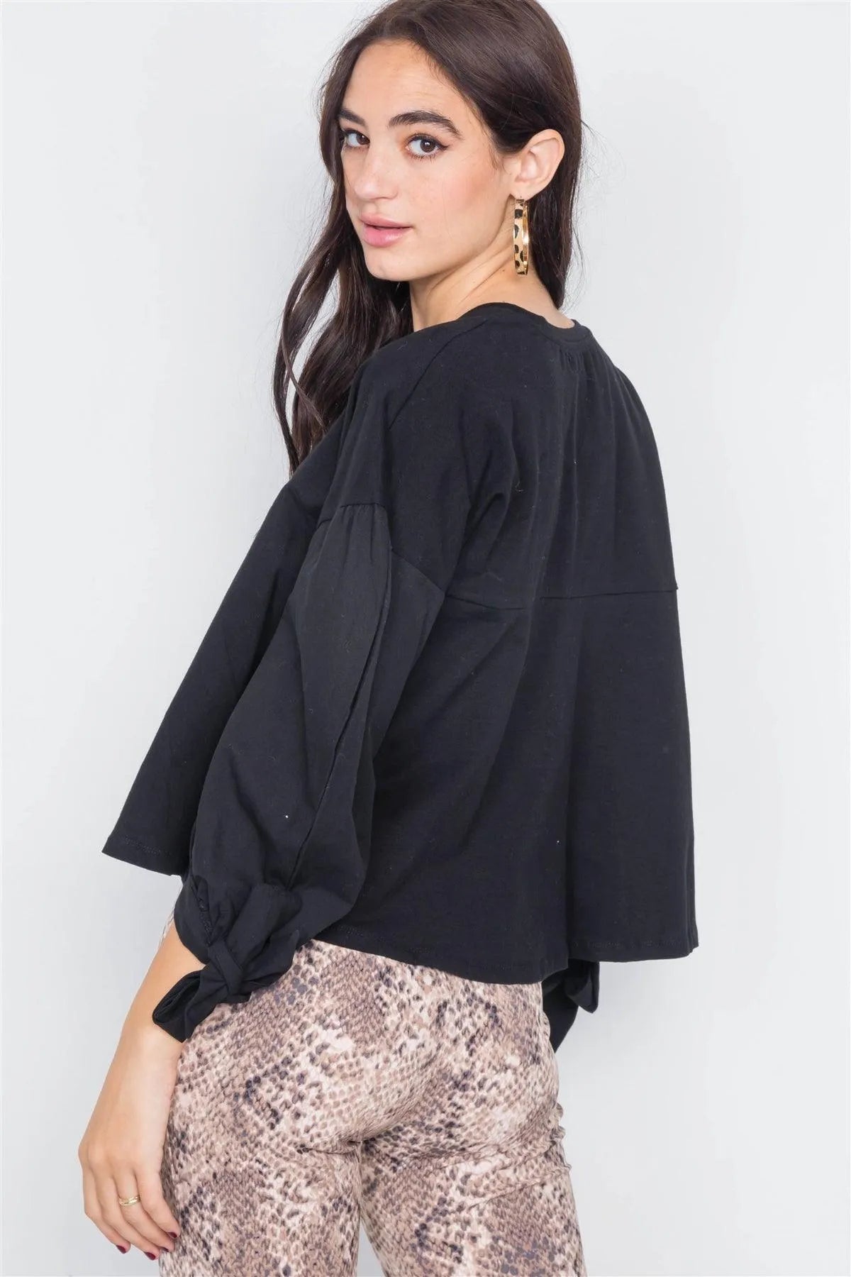 Black Puff Sleeve Flare Hem Cotton Top /3-2-1 - Tasha Apparel Wholesale