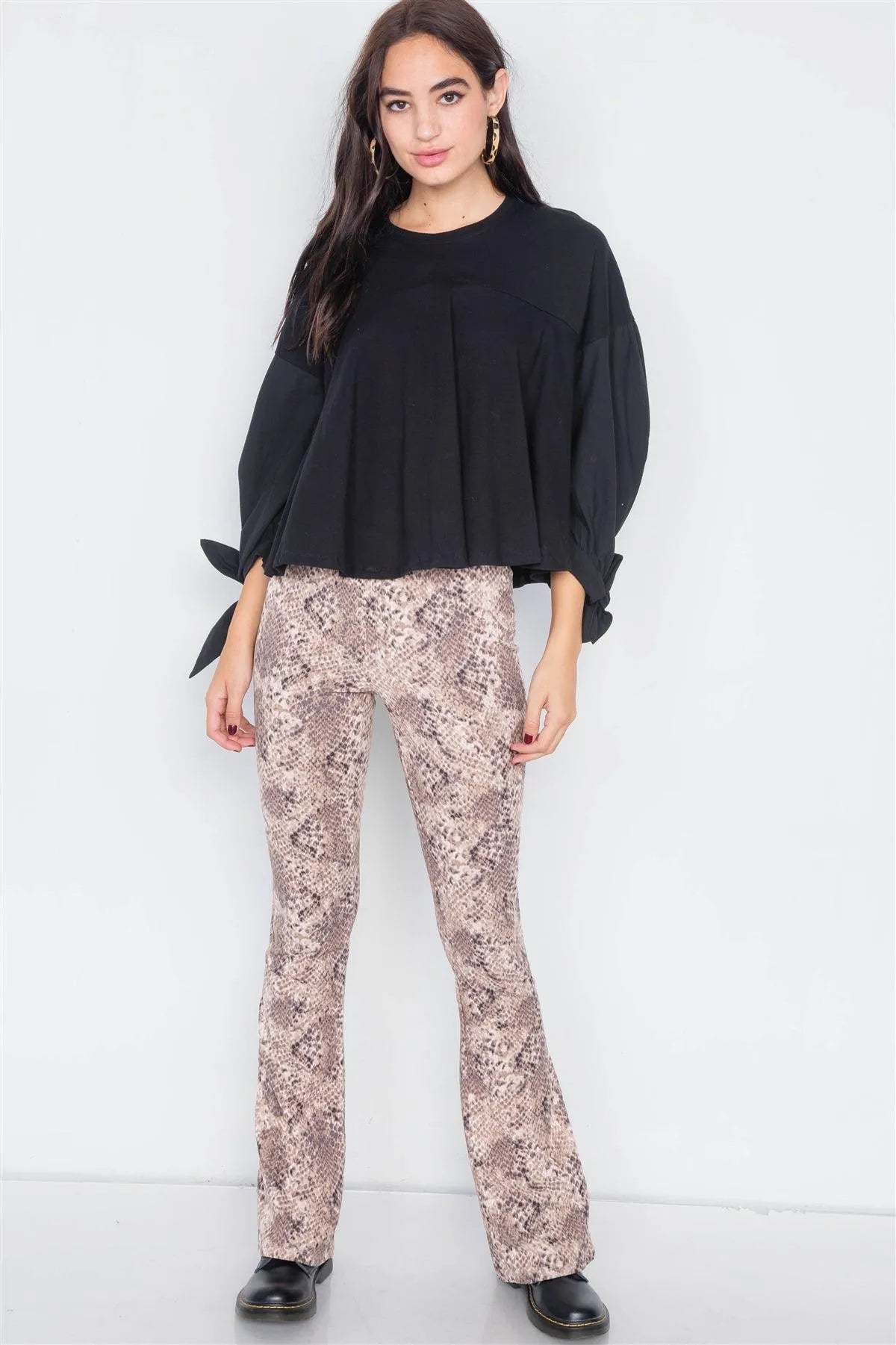 Black Puff Sleeve Flare Hem Cotton Top /3-2-1 - Tasha Apparel Wholesale