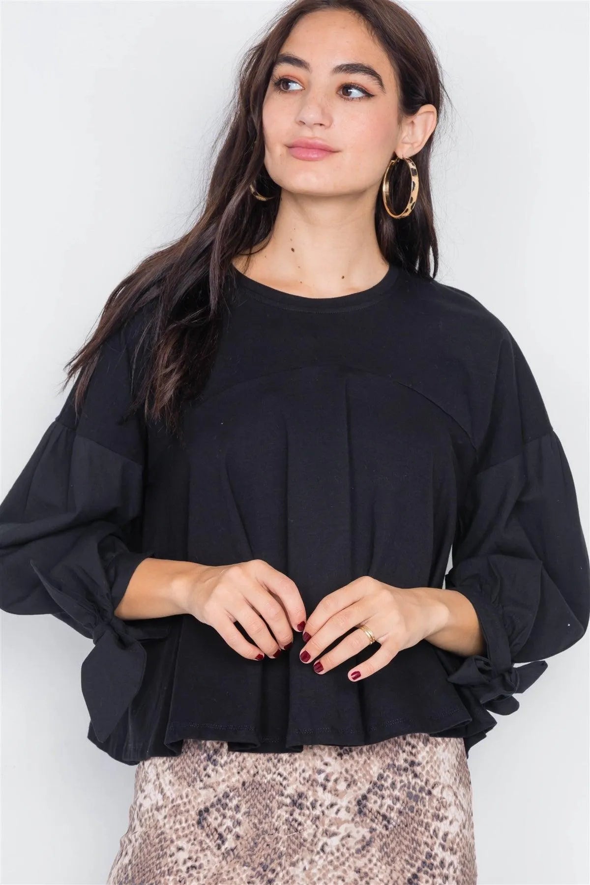Black Puff Sleeve Flare Hem Cotton Top /3-2-1 - Tasha Apparel Wholesale