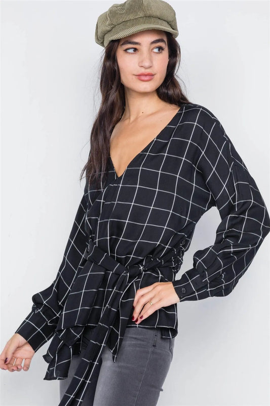 Black & White Stripe Plaid Drop-Shoulder V-Neck Top /2-2-1 - Tasha Apparel Wholesale