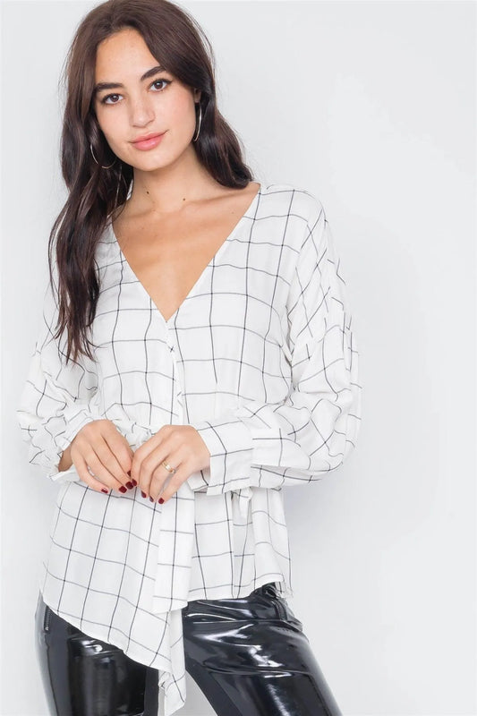 White & Black Stripe Plaid Drop-Shoulder V-Neck Top /3-2-1 - Tasha Apparel Wholesale
