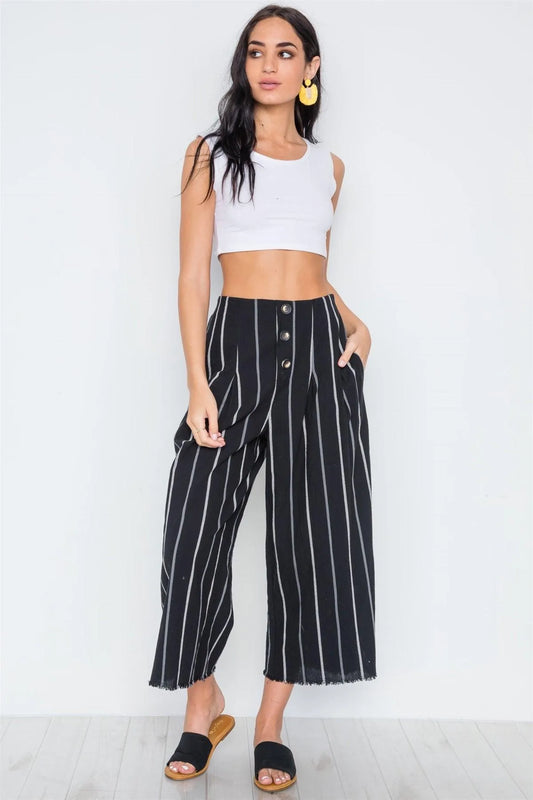 Black Stripe High-Waist Wide Leg Boho Pants /3-2-1 - Tasha Apparel Wholesale