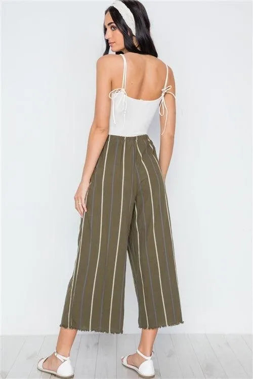 Olive Stripe High-Waist Wide Leg Boho Pants /3-1-1 - Tasha Apparel Wholesale