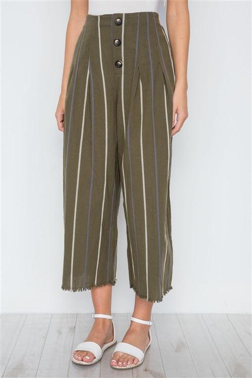 Olive Stripe High-Waist Wide Leg Boho Pants /3-1-1